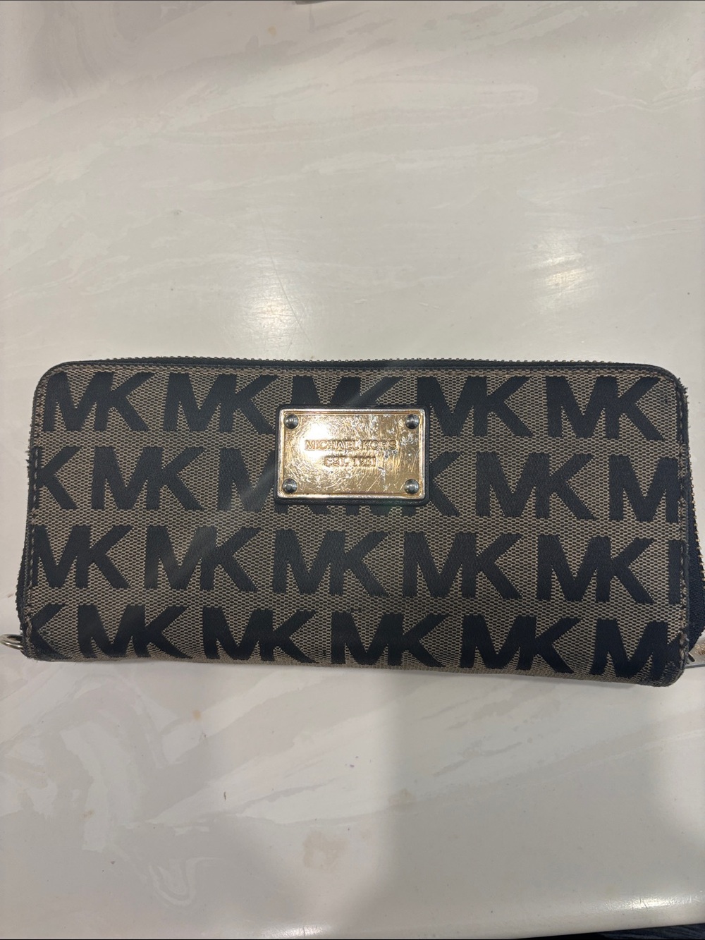 Michael Kors Black and Brown MK Signature Zip Wallet with Gold Plate